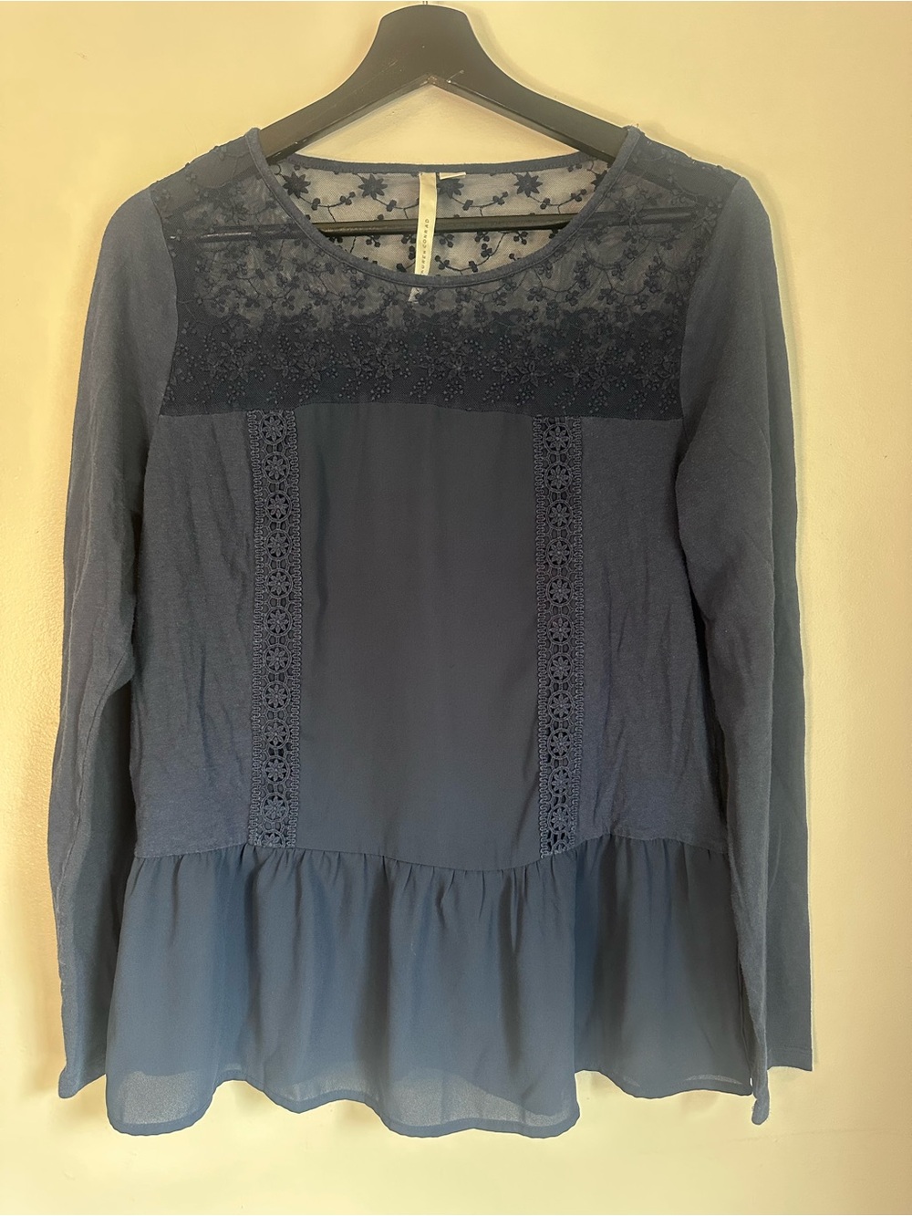 Lauren Conrad Navy Peplum and Lace Long Sleeved Top, Medium